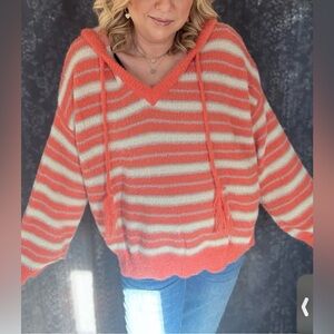 POL Fuzzy Striped Orange and Cream Hooded Sweater